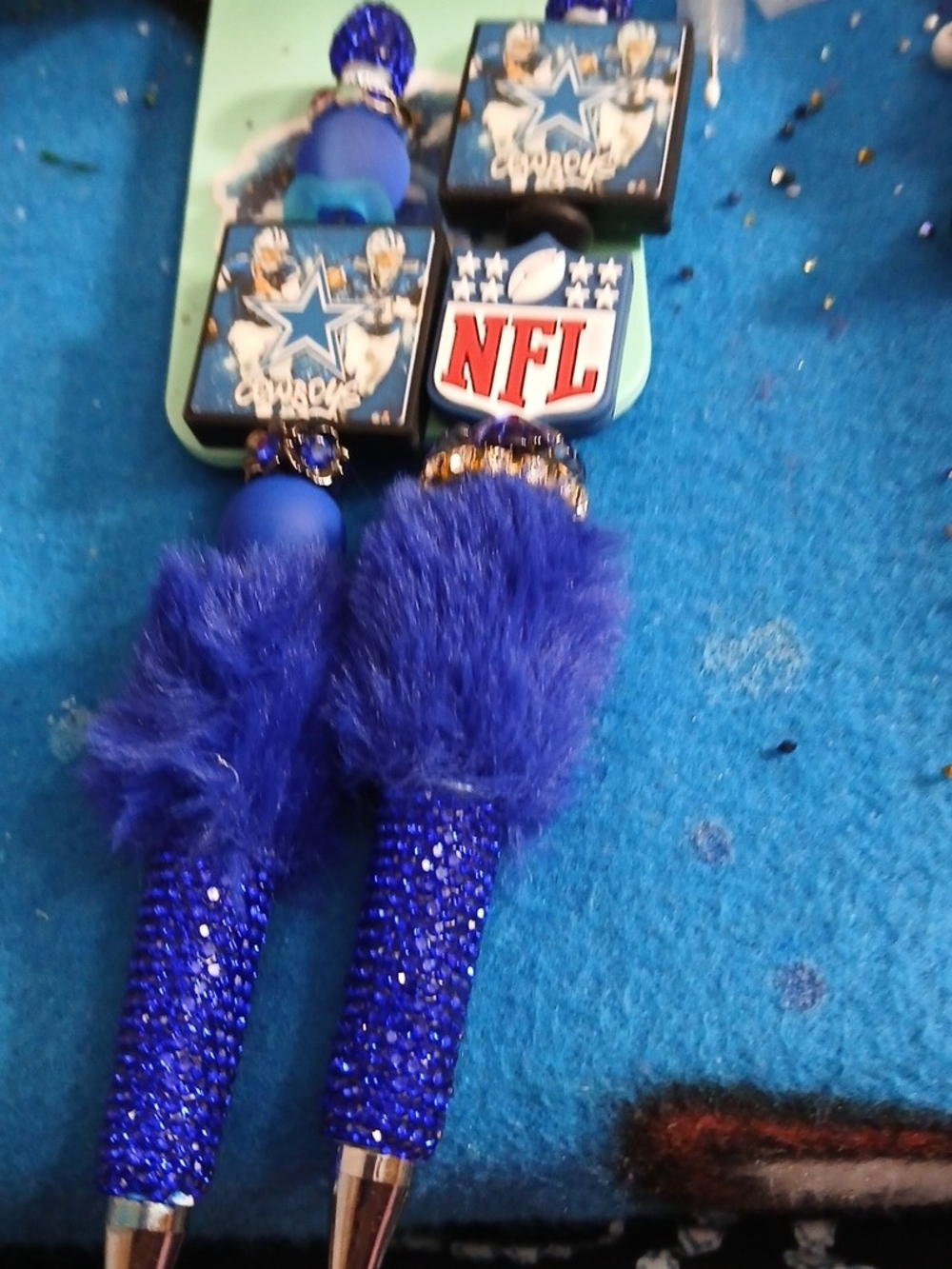 NFL Blue Rhinestone and Fur Pom-Pom Pens